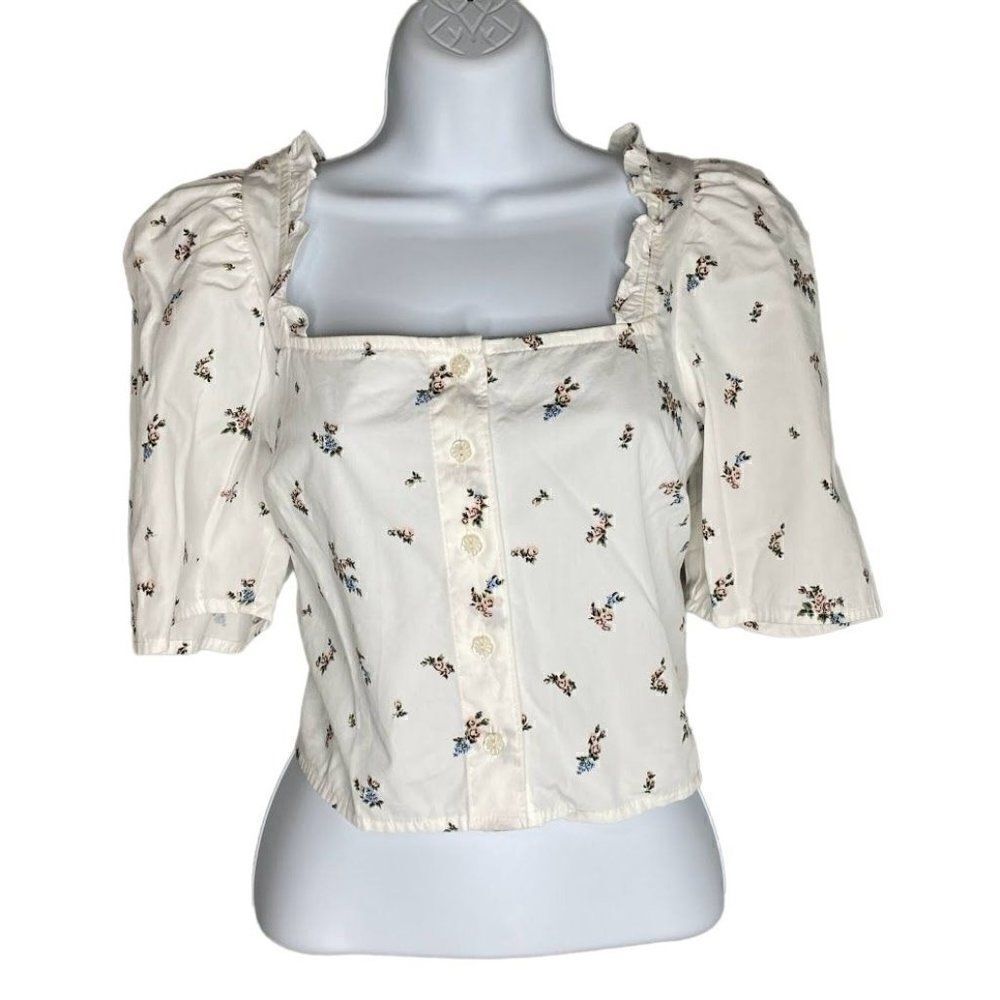 Levis White Floral Joella Puff Sleeve Cotton Crop Top sz Large NEW‎